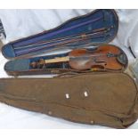 VIOLIN WITH 36 CM LONG 2 PIECE BACK IN A FITTED CASE WITH COVER AND 2 BOWS Condition