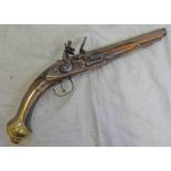 18TH CENTURY CONTINENTAL FLINTLOCK HOLSTER PISTOL POSSIBLY TURKISH WITH A 20 CM LONG RINGED STEEL