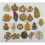20 CAP BADGES, ETC TO INCLUDE LOVATS SCOUTS, LANCASHIRE HUSSARS, ARMY APPRENTICE SCHOOL,