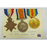 THREE WW1 MEDALS, VICTORY, BRITISH WAR AND 1914/15 STAR TO A LIEUT. K.G. HAY. R.N.