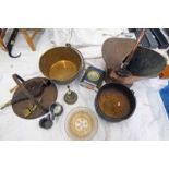 COPPER COAL SCUTTLE, BRASS JELLY PAN, BELLOWS,