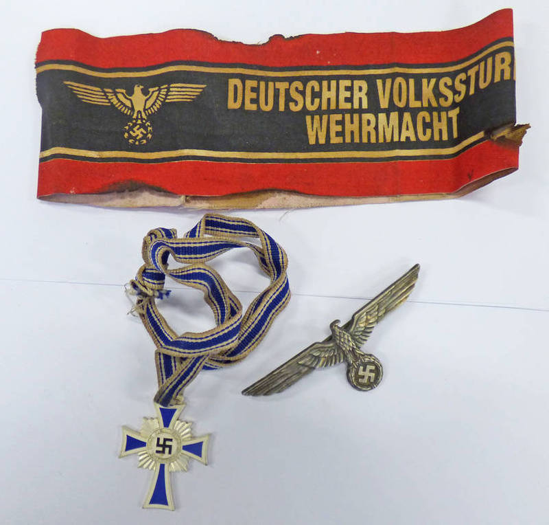 GERMAN STYLE WW2 STYLE MOTHERS CROSS ARM BAND MARKED 'DEUTSCHER VOLKSSTURM WEHRMACHT AND ONE OTHER