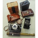 5 DRAW BRASS TELESCOPE, ENSIGN CAMERA, BUTCHERS NO 4 WATCH POCKET CARBINE,