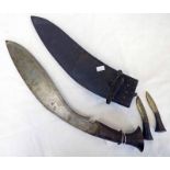 KUKRI WITH 35CM LONG BLADE WITH FULLERS AND A SOLID ETCHED METAL HANDLE WITH IT LEATHER SCABBARD