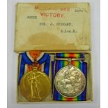 PAIR OF WW1 MEDALS TO A 34111 PTE J STEWART . S LAN.