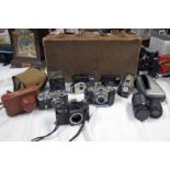 SELECTION OF CAMERAS TO INCLUDE ZENIT 12XP, ZENIT 3M, FED 2, CANON FDF4 70-210MM, HANIMAX F4.