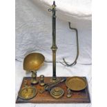 BRASS SHOP SCALES ON MAHOGANY BASE WITH WEIGHTS