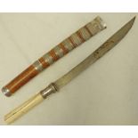 19TH CENTURY BURMESE IVORY HILTED DHA WITH 35CM LONG BLADE WITH WHITE METAL MOUNTS AND ITS WOOD AND