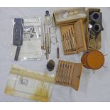 SELECTION OF VINTAGE OPTICIANS EQUIPMENT TO INCLUDE CASTS OF LENSES, WOOD CASED TOOLS,