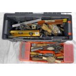 TOOL BOX WITH CONTENTS OF VARIOUS TOOLS TO INCLUDE LEVELS, SCREWDRIVERS, HAND DRILL,