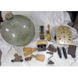 BRASS MINERS LAMP, CLOCK, CARBOY, GOFFERING IRON,