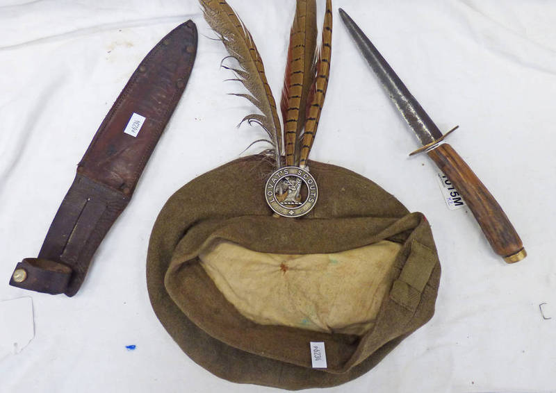 LOVAT'S SCOUTS CAP BADGE ON A UNMARKED KHAKI BALMORAL BONNET TOGETHER WITH A FS STYLE KNIFE WITH 15.