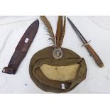 LOVAT'S SCOUTS CAP BADGE ON A UNMARKED KHAKI BALMORAL BONNET TOGETHER WITH A FS STYLE KNIFE WITH 15.