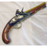 25 BORE FLINTLOCK BRASS BARRELLED HOLSTER PISTOL WITH 20CM LONG TWO-STAGE BARREL ENGRAVED 'LONDON'