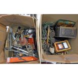 TWO BOXES CONTAINING A GOOD SELECTION OF TOOLS TO INCLUDE HAMMERS, SCREWDRIVERS,