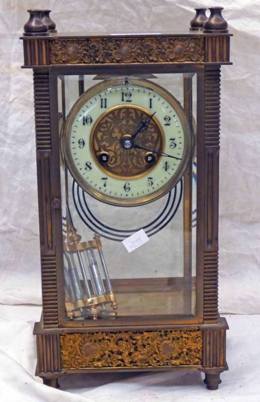 LATE 19TH BRASS 4-GLASS MANTLE CLOCK WITH ENAMEL DIAL AND PIERCED BRASS WORK DECORATION & A MERCURY