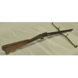 20TH CENTURY CROSSBOW WITH RIFLE LIKE STOCK WITH CROSS HATCHED GRIP, SHAPED CROSS MEMBER, NO STRING,
