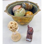 CHINESE HARDSTONE SEAL CARVED AS AN ELDER WITH STAFF, BALL ON STAND,
