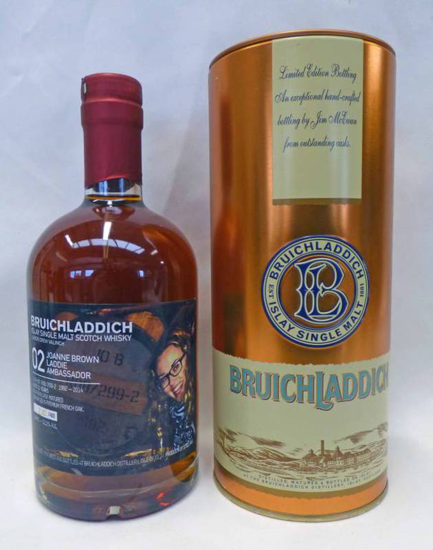 1 BOTTLE BRUICHLADDICH 21 YEAR OLD SINGLE MALT WHISKY, JOANNE BROWN LADDIE AMBASSADOR VALINCH,