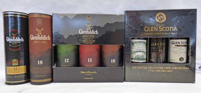 SELECTION OF GLENFIDDICH MINIATURES TO INCLUDE 12, 15 & 18 YEAR OLDS, GLEN SCOTIA,