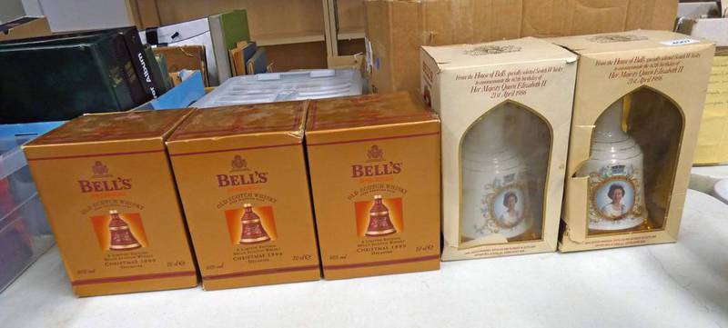 3 BELLS 8 YEAR OLD 1999 CHRISTMAS DECANTERS & 2 BELLS DECANTERS TO COMMEMORATE THE 60TH BIRTHDAY OF