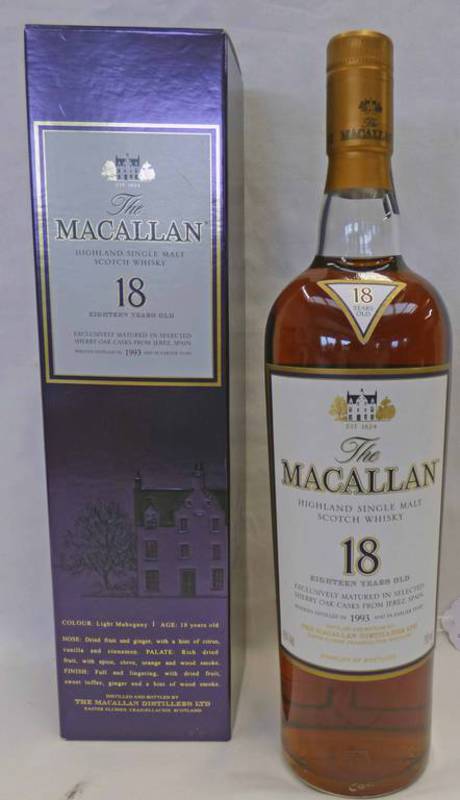 1 BOTTLE MACALLAN 18 YEAR OLD SINGLE HIGHLAND MALT WHISKY, DISTILLED 1993 - 700ML,