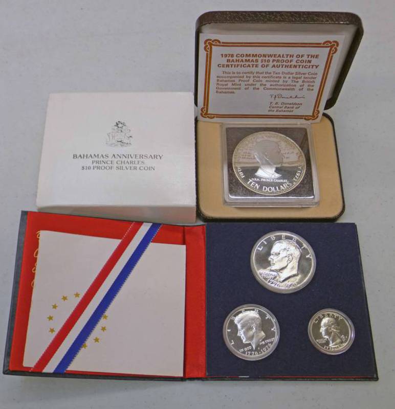 1976 UNITED STATE BICENTENNIAL SILVER 3 COIN PROOF SET AND 1978 BAHAMAS ANNIVERSARY PRINCE CHARLES