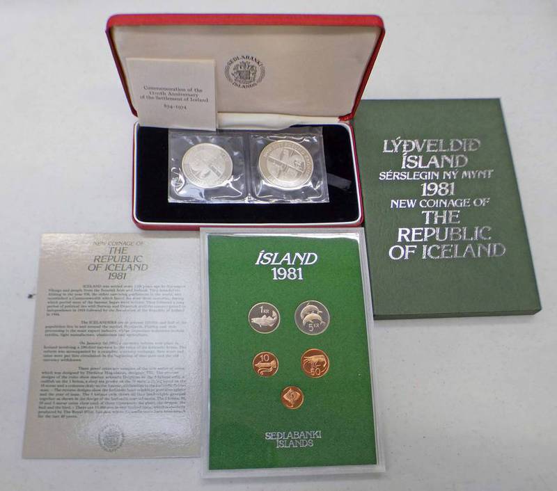 1974 COMMEMORATION OF THE 1100TH ANNIVERSARY OF THE SETTLEMENT OF ICELAND 2 COIN SET AND 1981 NEW