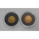 TWO 1998 CANADA GOLD MAPLE LEAF ONE DOLLAR 1/20OZ COINS, WITH C.O.