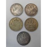 5 CROWN COINS TO INCLUDE 1819 GEORGE III, 1821 GEORGE IV, 1896 VICTORIA, 1935 GEORGE V,