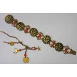 ARABIC GILT BRACELET THE 5 COINS INTERSPERSED WITH CORAL BEADS - 17.