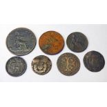 SELECTION OF 7 COPPER BASED COINS TO INCLUDE SCOTTISH, 1785 SWISS BERN,