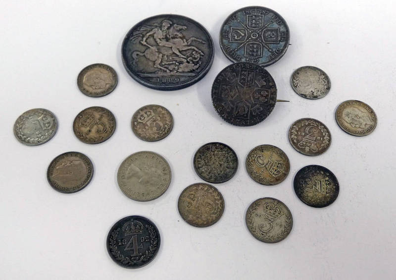 SELECTION OF UK COINAGE TO INCLUDE 1889 CROWN, 1892 MAUNDY FOUR PENCE, 1887 FLORIN WITH PIN BROOCH,