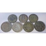 7 SILVER BASED COINS TO INCLUDE 1916 GEORGE V HALFCROWN, 1909 EDWARD VII FLORIN,