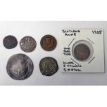 SELECTION OF SCOTTISH COINS TO INCLUDE BILLON BAWBEE, 1705 ANNE 5 SHILLINGS,