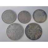 SELECTION OF SILVER VICTORIA COINAGE TO INCLUDE 2 1888 DOUBLE FLORINS, 1874 AND 1887 HALFCROWNS,