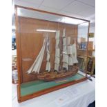 MODEL 3 MASTED SAILING SHIP IN A GLASS DISPLAY CASE 123CM TALL