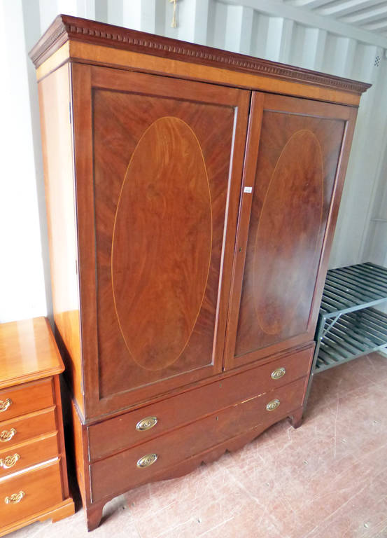 19TH CENTURY INLAID MAHOGANY WARDROBE WITH 2 PANEL DOORS OVER 2 LONG DRAWERS ON BRACKET SUPPORTS