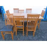 OAK DINING TABLE WITH LEAF ON SQUARE SUPPORTS & 8 OAK CHAIRS - LENGTH 161 CM
