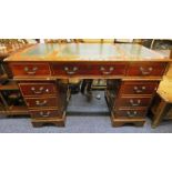 MAHOGANY TWIN PEDESTAL DESK WITH LEATHER INSET TOP Condition Report: The dimensions