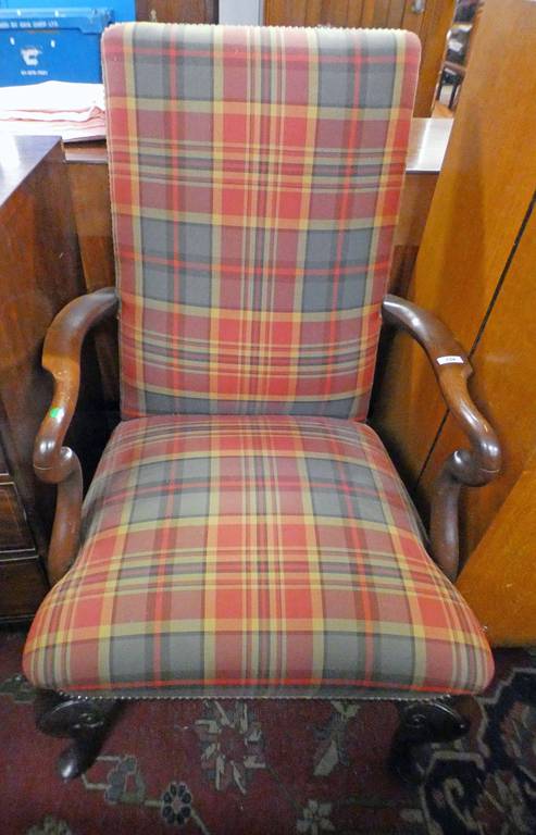 19TH CENTURY STYLE MAHOGANY OPEN ARMCHAIR IN TARTAN MATERIAL ON QUEEN ANNE SUPPORTS 108CM TALL