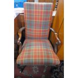 19TH CENTURY STYLE MAHOGANY OPEN ARMCHAIR IN TARTAN MATERIAL ON QUEEN ANNE SUPPORTS 108CM TALL