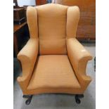 MAHOGANY WINGBACK ARMCHAIR ON SHAPED SUPPORTS Condition Report: 62cm wide.