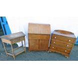 OAK CHEST OF 3 DRAWERS & WALNUT FALL FRONT BUREAU OAK HALL TABLE WITH SHAPED TOP & DECORATIVE