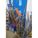 GOOD AND VAST SELECTION OF GARDEN TOOLS TO INCLUDE PICK AXE, FORKS, SHOVELS,