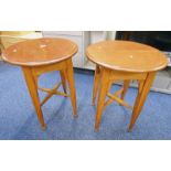 PAIR EARLY 20TH CENTURY OAK OCCASIONAL TABLES WITH CIRCULAR TOPS ON SQUARE TAPERED SUPPORTS WITH