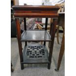 ORIENTAL HARDWOOD 3 TIER SQUARE POT STAND ON TURNED SUPPORTS 77CM TALL X 40CM