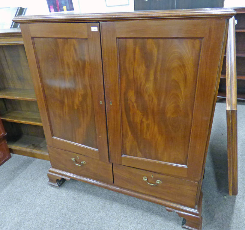 19TH CENTURY MAHOGANY LINEN PRESS WITH 2 PANEL DOORS OPENING TO SHELVES OVER 2 DRAWERS ON BRACKET