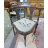 LATE 19TH CENTURY INLAID MAHOGANY CORNER CHAIR WITH TURNED SUPPORTS
