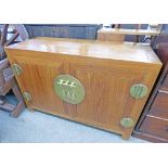 ORIENTAL HARDWOOD SIDEBOARD WITH 2 PANEL DOORS & BRASS MOUNTS 86CM TALL